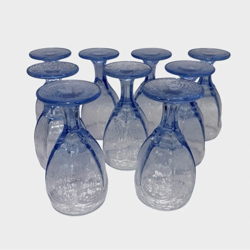 Set of 9 Blue Textured Glass Goblets | Vintage Style Stemmed Wine Water Glasses